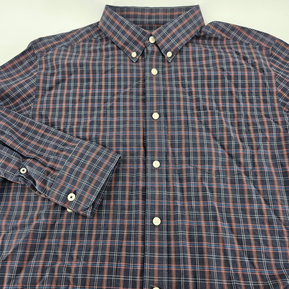 UNTUCKit Mens Large Plaid Button Down Shirt Wrinkle Free Navy Orange Cotton